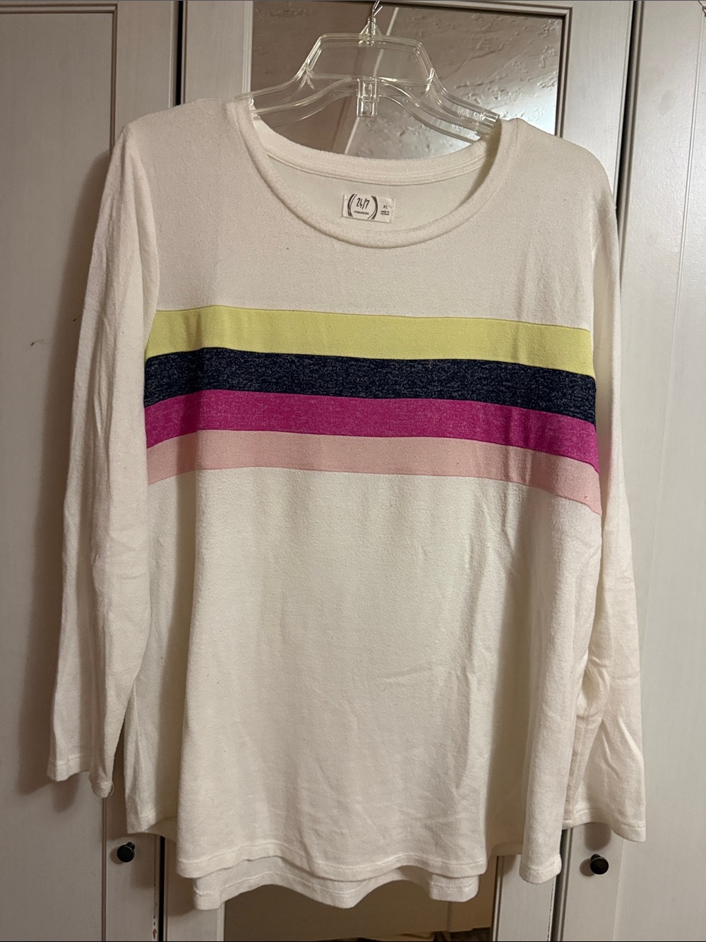 Maurices White Long Sleeve Top with Pastel Yellow Navy Pink and Blush Stripes